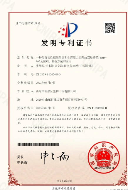 Probiotic New Patent Awarded to Zhongke Jiayi - Bifidobacterium bifidum JYBB-163 for Improving Male Semen Quality and Fertility